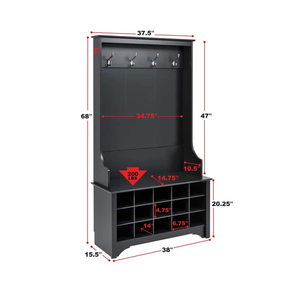 Prepac 4-Hook Entryway Coat Rack/Hall Tree With Bench & Shoe Cubby Storage Shelves, Black 9 Prepac 4-Hook Entryway Coat Rack/Hall Tree With Bench & Shoe Cubby Storage Shelves, Black - Image 7